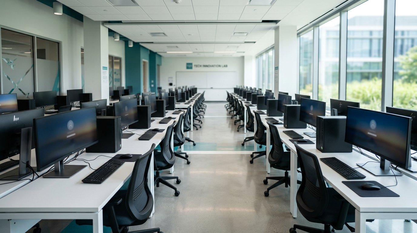 A computer lab with rows of workstations